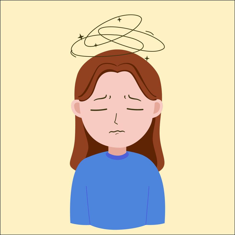 Illustration of woman feels sick symptoms , dizzy, headache, stres, isolated on light yellow background vector