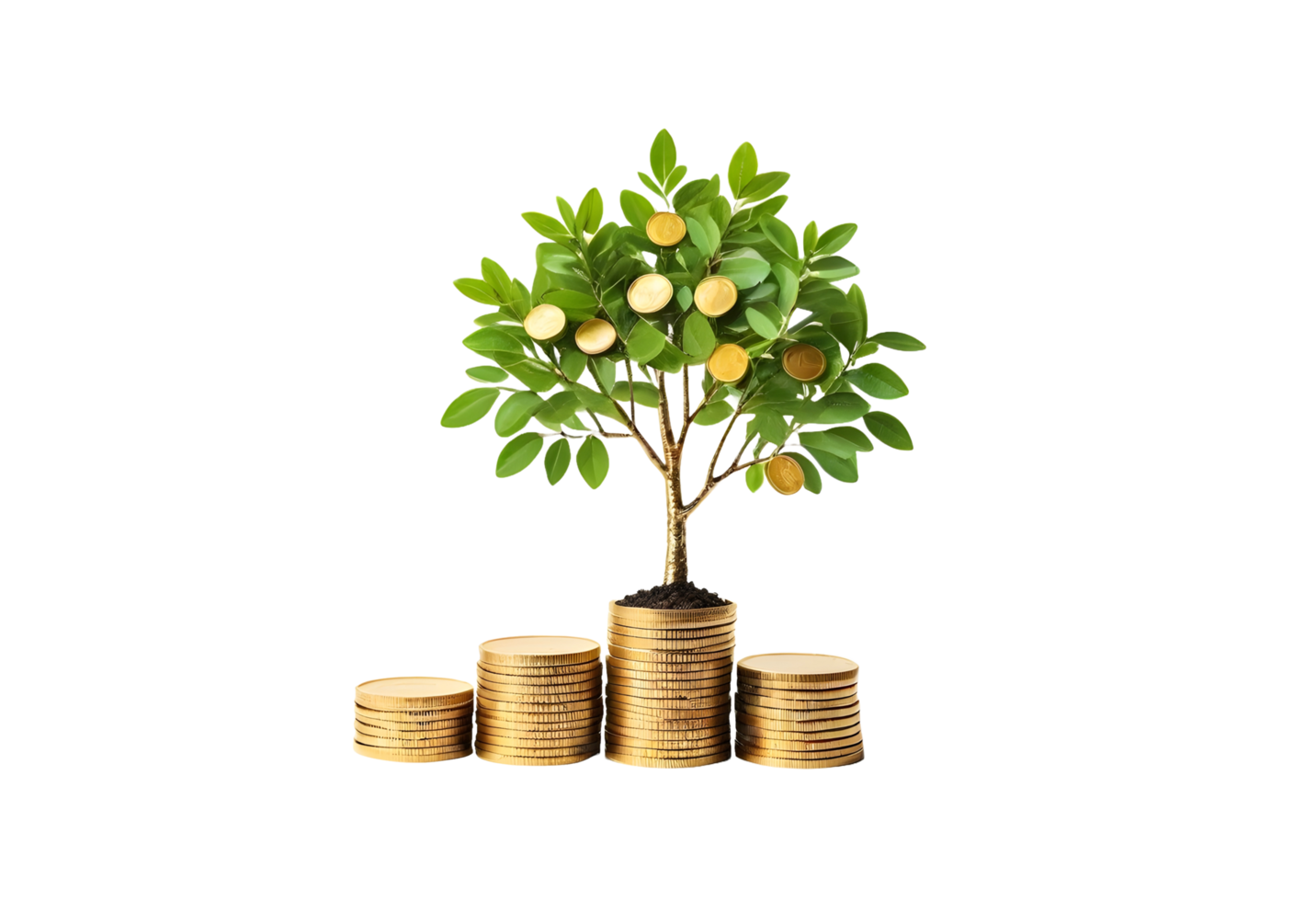 Stacking gold coins and money of tree with growing png