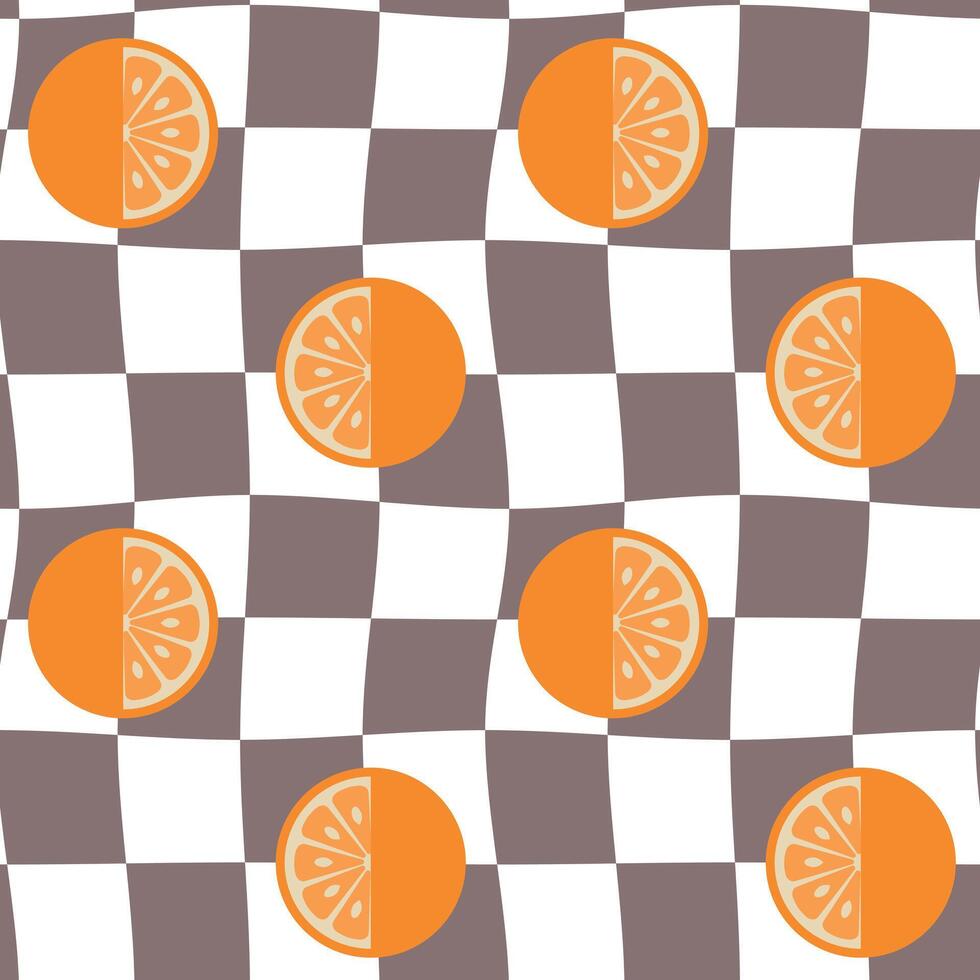 Retro Groovy Background. Seamless pattern with checkers and oranges. 60's style. Design for packaging, background, wallpaper, t-shirt vector