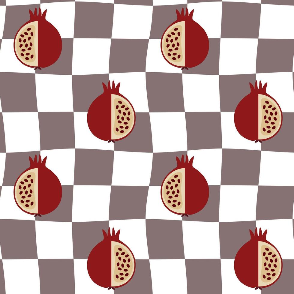 Seamless pattern with checkers and pomegranates. Retro Groovy Background.60's style. Design for packaging, background, wallpaper, t-shirt vector