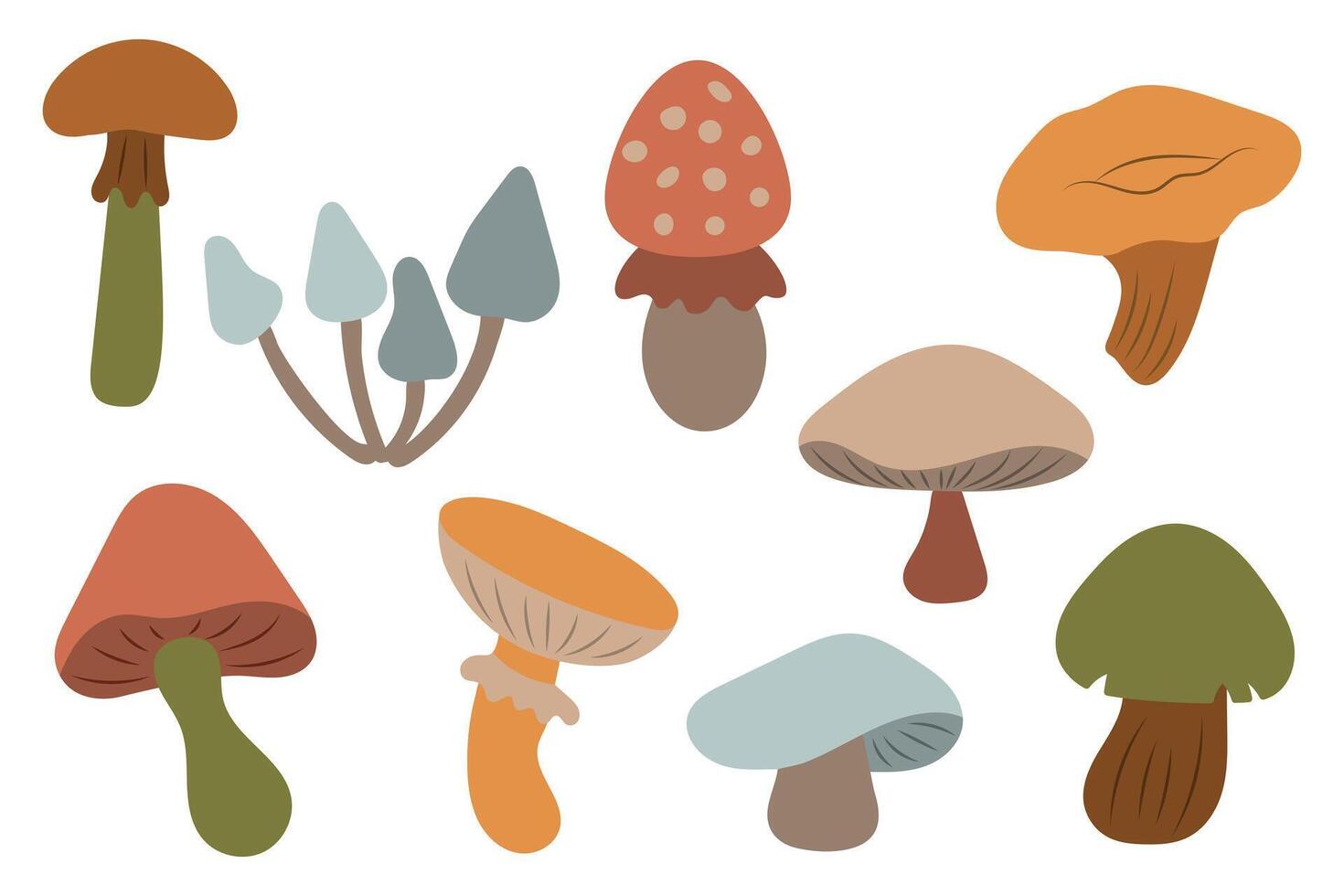 Cute set of mushrooms. Autumn, thanksgiving, autumn season. Drawn cosy design elements on isolated background. Flat style vector