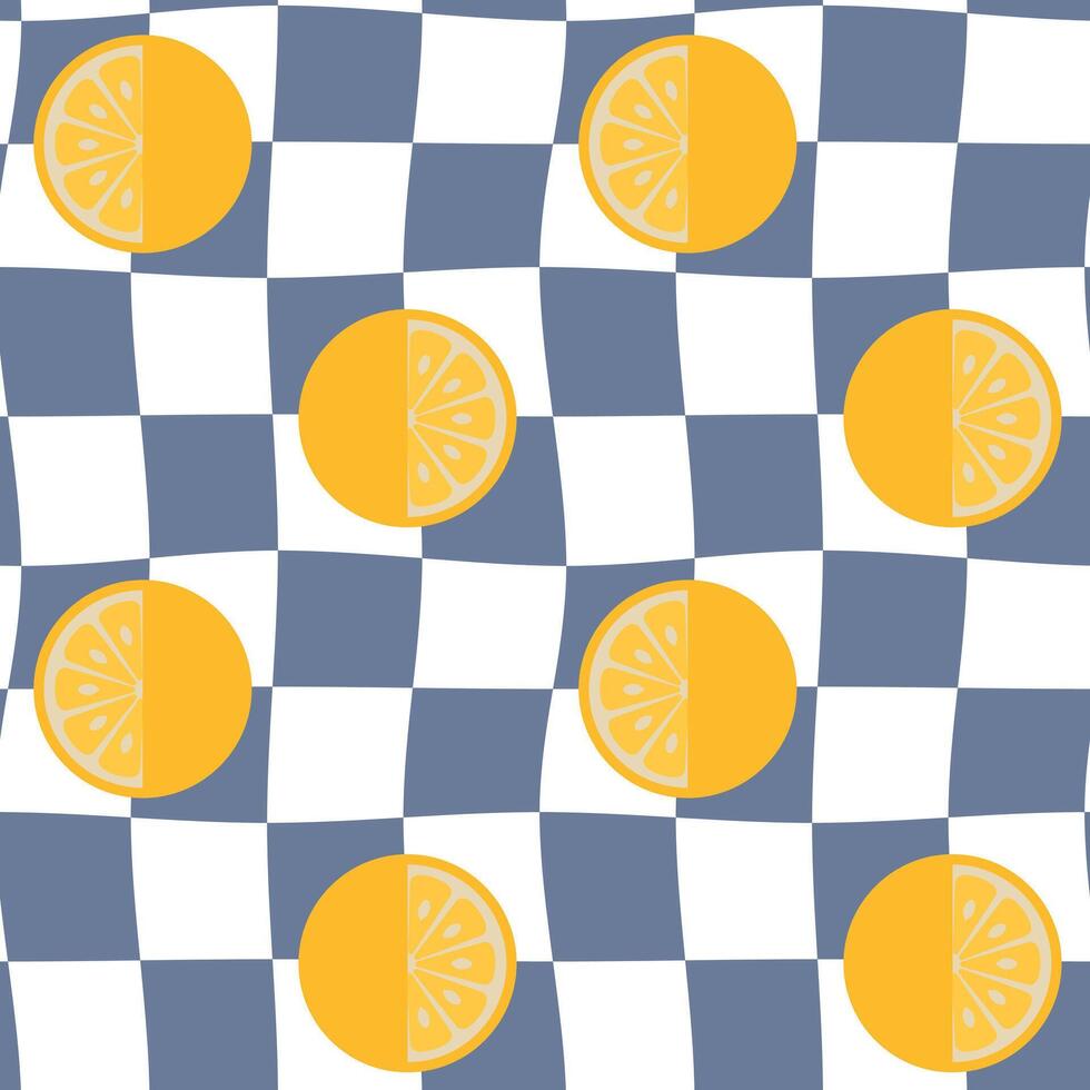 Seamless pattern with checkers and lemons. Retro Groovy Background.60's style. Design for packaging, background, wallpaper, t-shirt vector