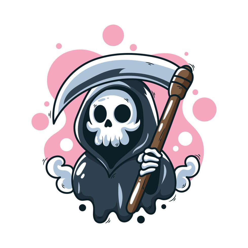 Skull holding a scythe. Halloween cartoon illustration. vector