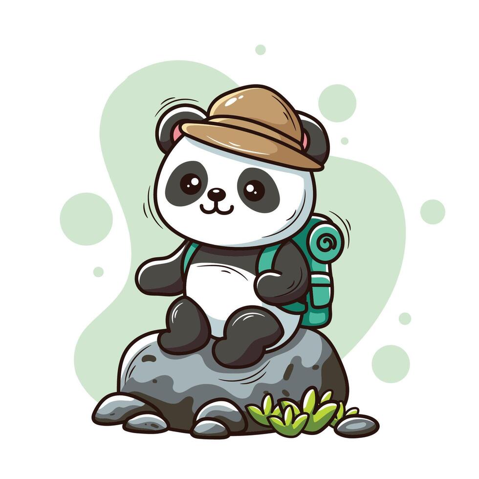 Cute cartoon panda sitting on a rock. illustration. vector