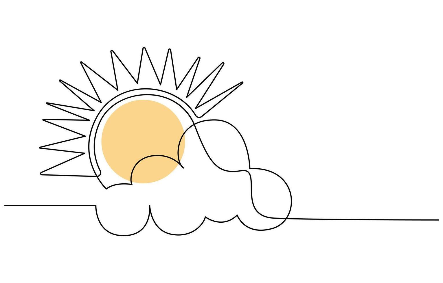 One continuous line drawing of Clouds with sun in the sky.Continuous one line drawing of sun cloud line art drawing illustration Sun and clouds in the sky vector