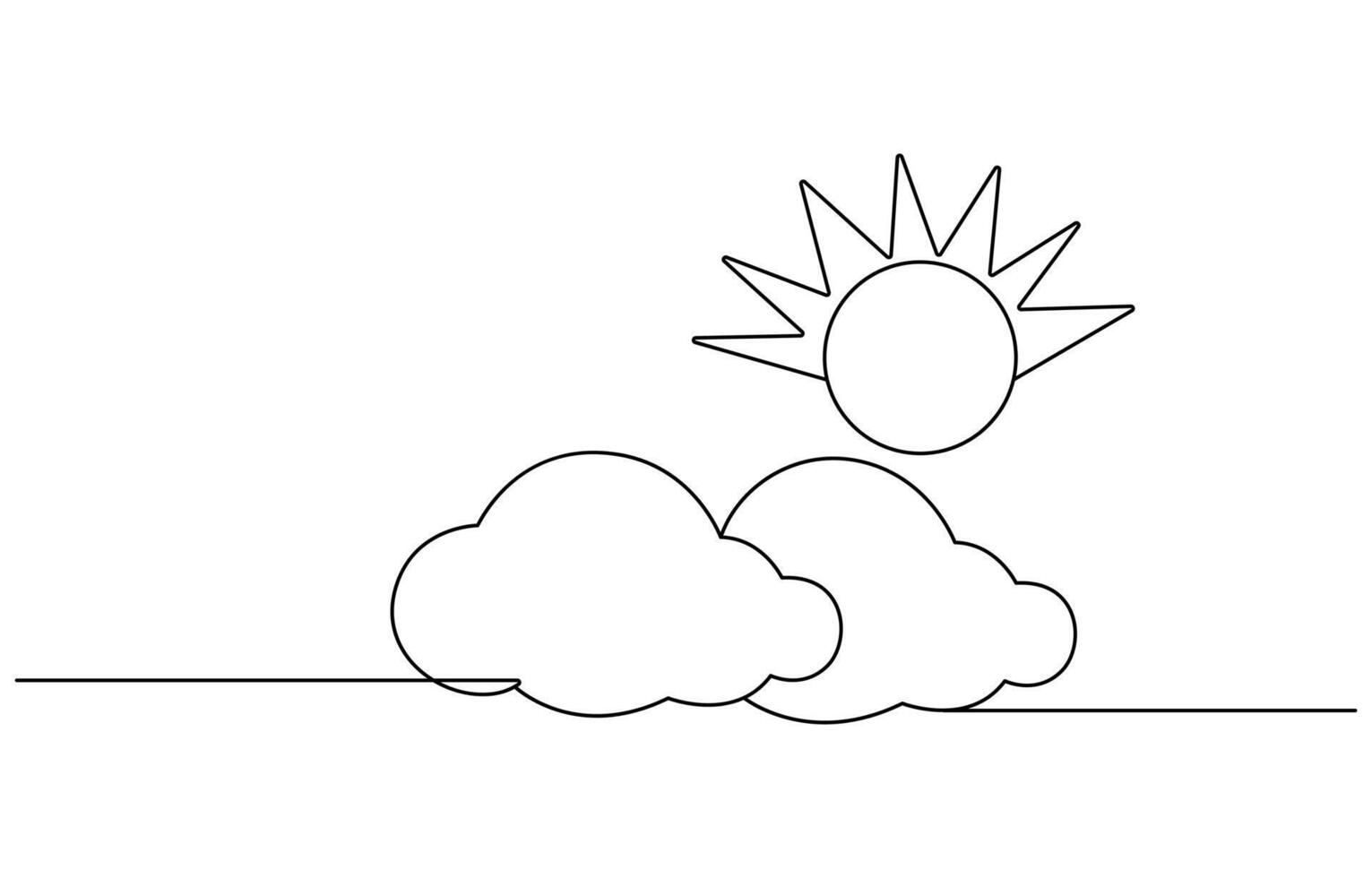 One continuous line drawing of Clouds with sun in the sky.Continuous one line drawing of sun cloud line art drawing illustration Sun and clouds in the sky vector