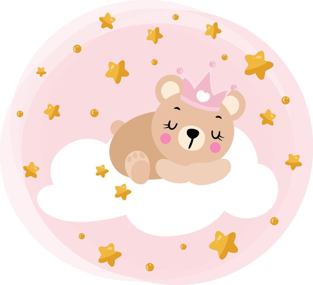 Pink illustration sweet dreams with princess teddy bear prince sleeping on cloud vector