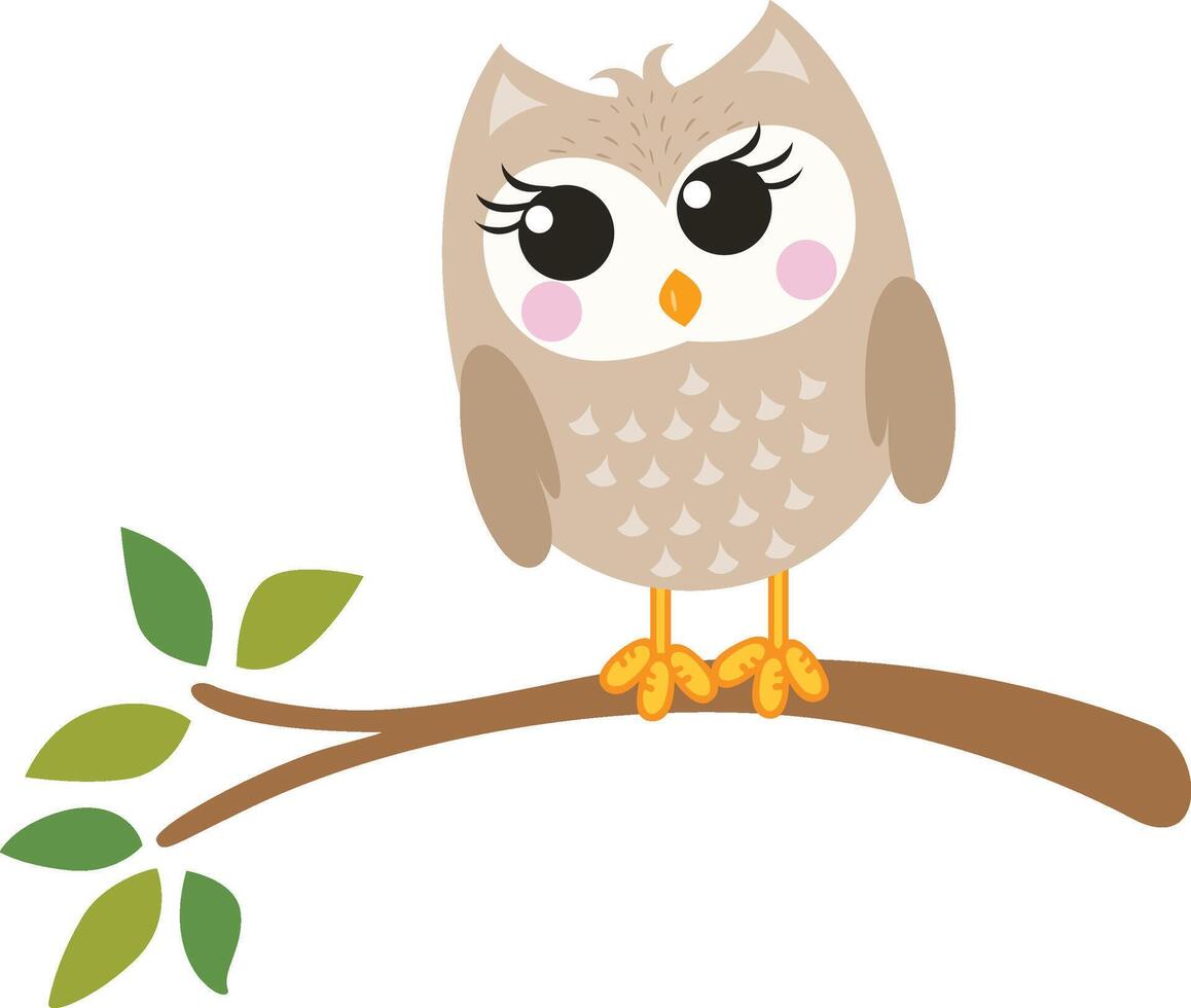 Adorable owl on branch with leaves vector