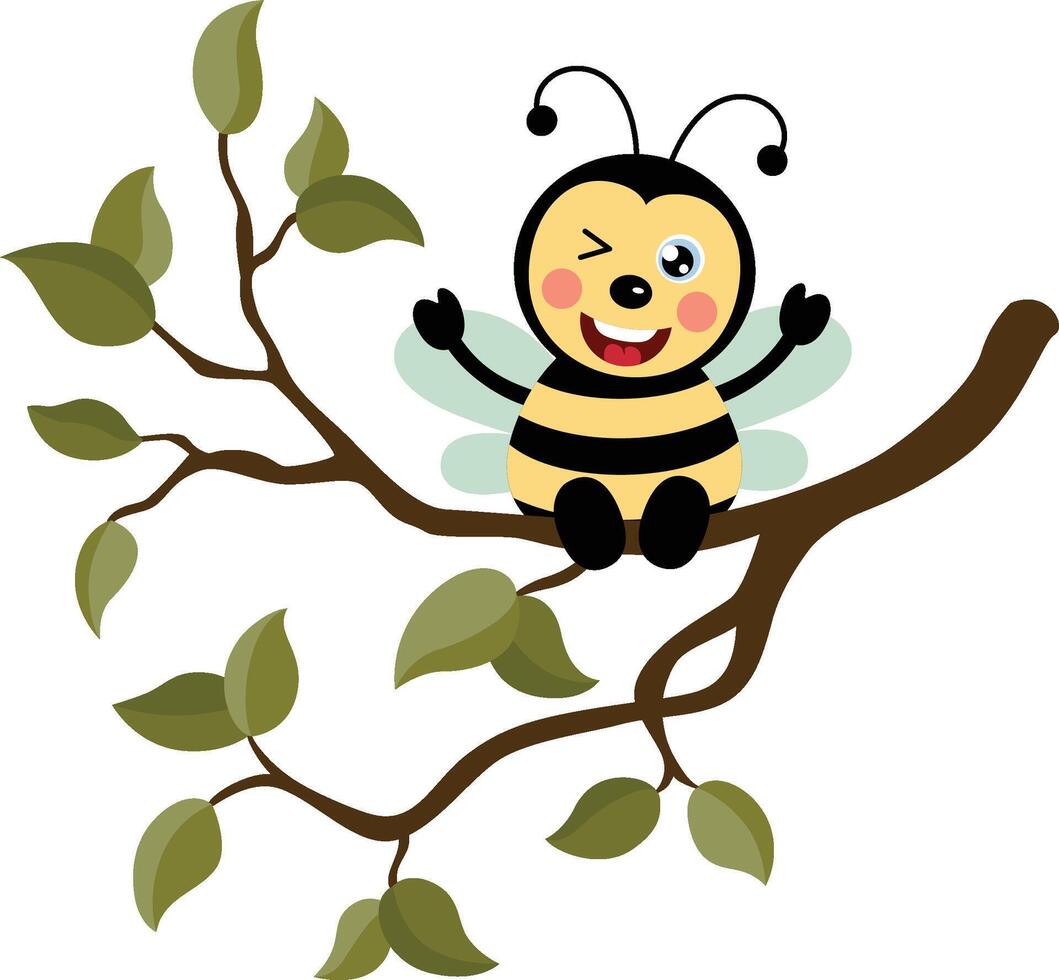 Happy bee sitting on a tree branch with leaves vector