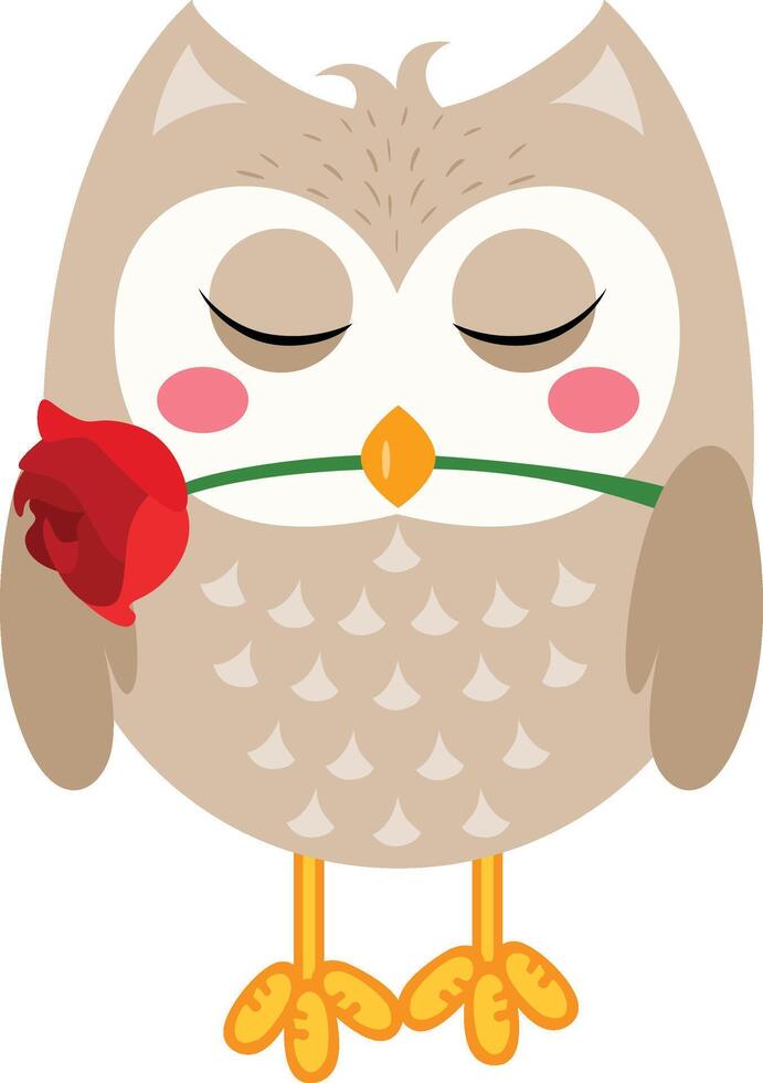 Cute owl holding a red rose vector