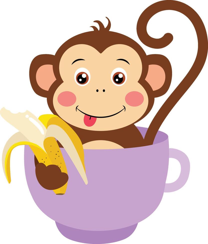 Monkey eating a banana inside a purple cup vector