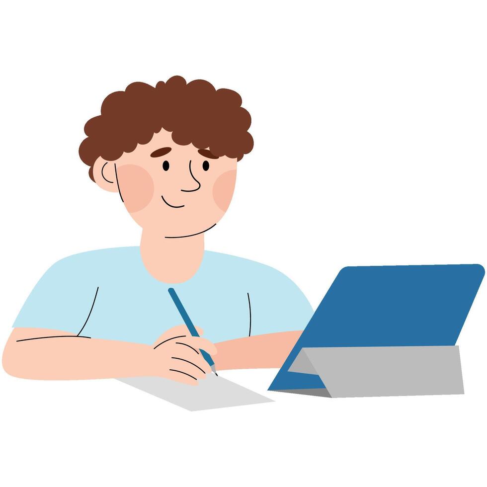 School boy or student character writing and doing homework with laptop. Education concept. vector