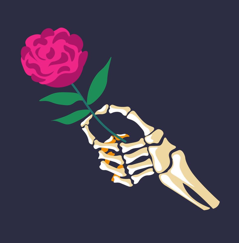 Skeleton Hand Holding Pink Rose vector