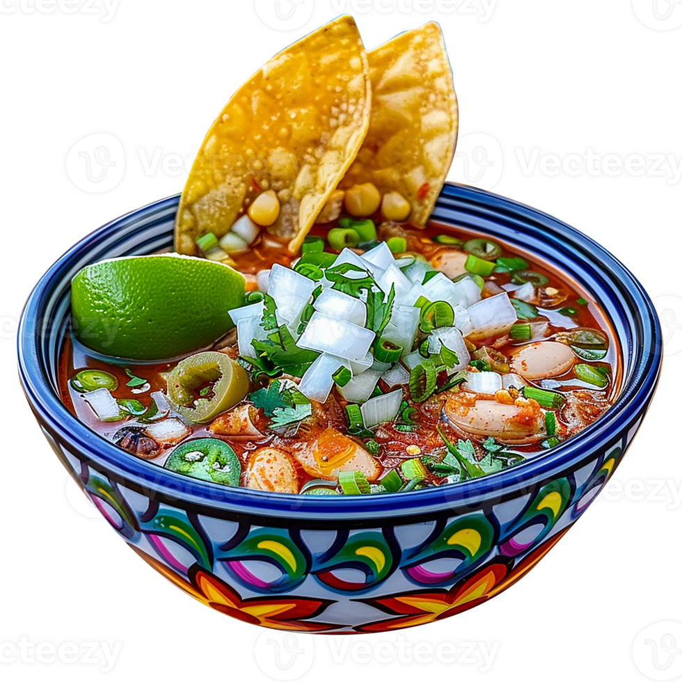 Traditional Mexican Pozole with Lime and Cilantro - Mexican food - Vegetable salad in a bowl png