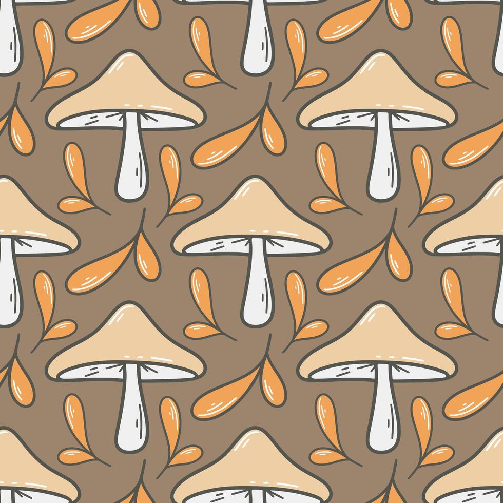 Hand drawn autumn mushroom background with falling leaves vector