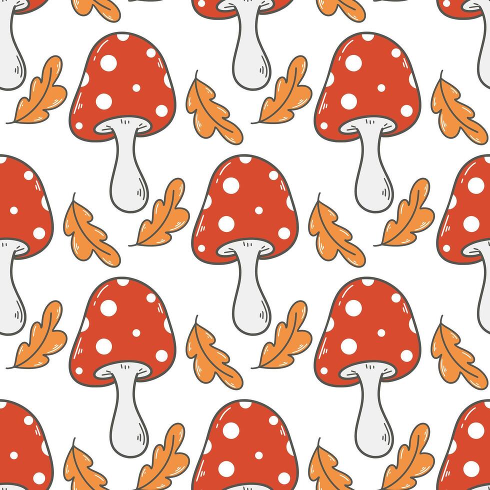 Fly agaric and fallen leaves seamless pattern vector