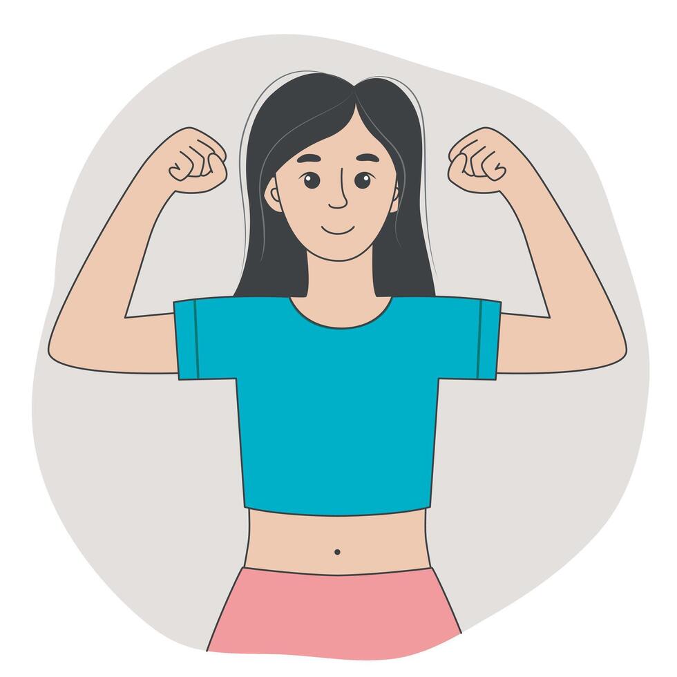 Young woman standing with raised arms demonstrating strength vector