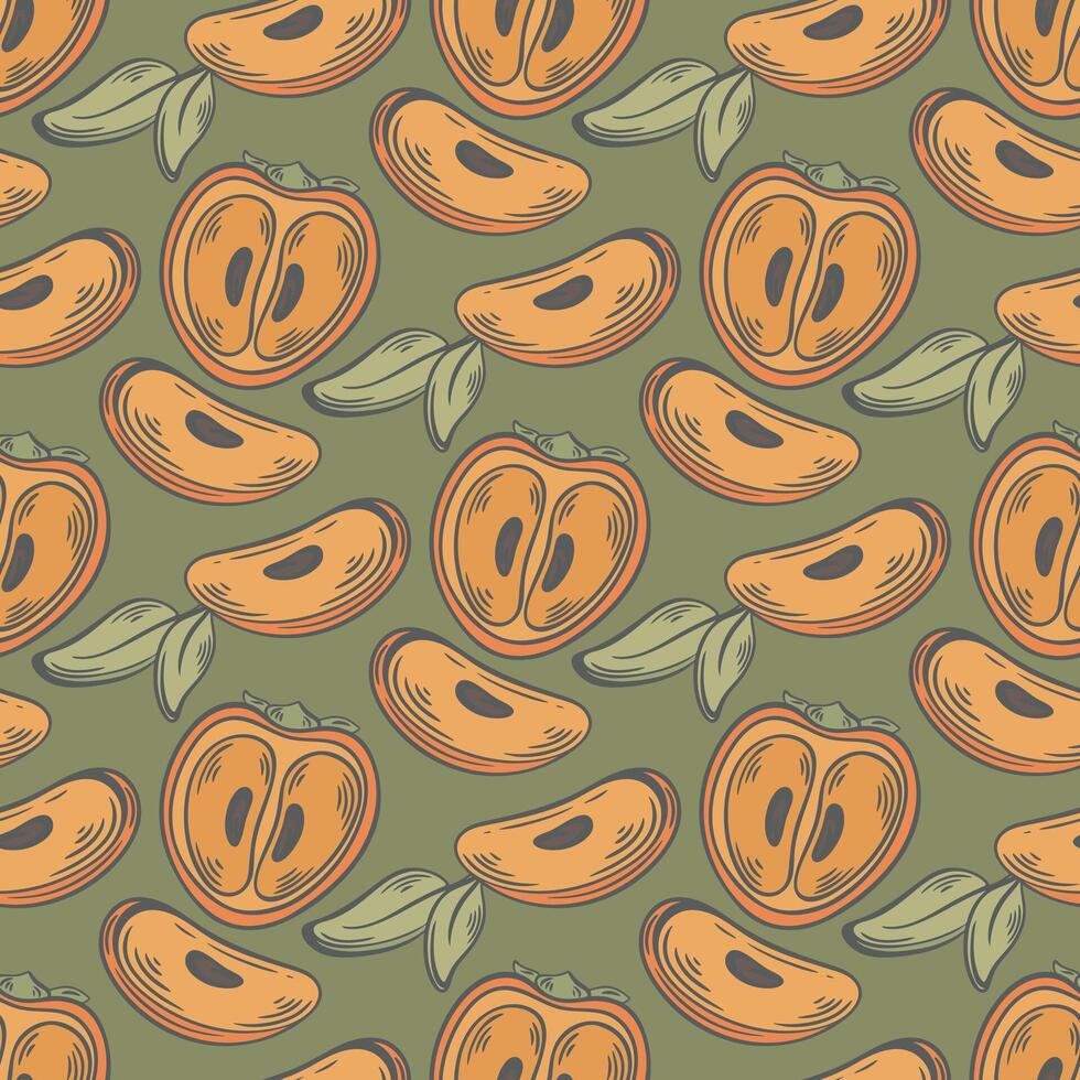 Halves of ripe persimmon on green background vector