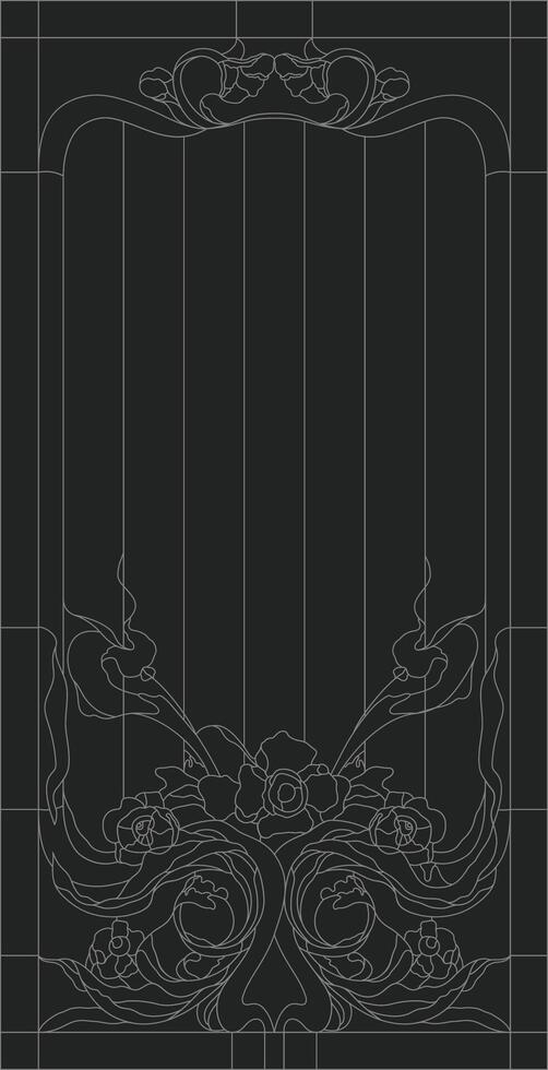 Stained-glass panel in a rectangular frame, abstract floral arrangement of buds and leaves in the art Nouveau style. Decorative design of the window or door. Outline vector