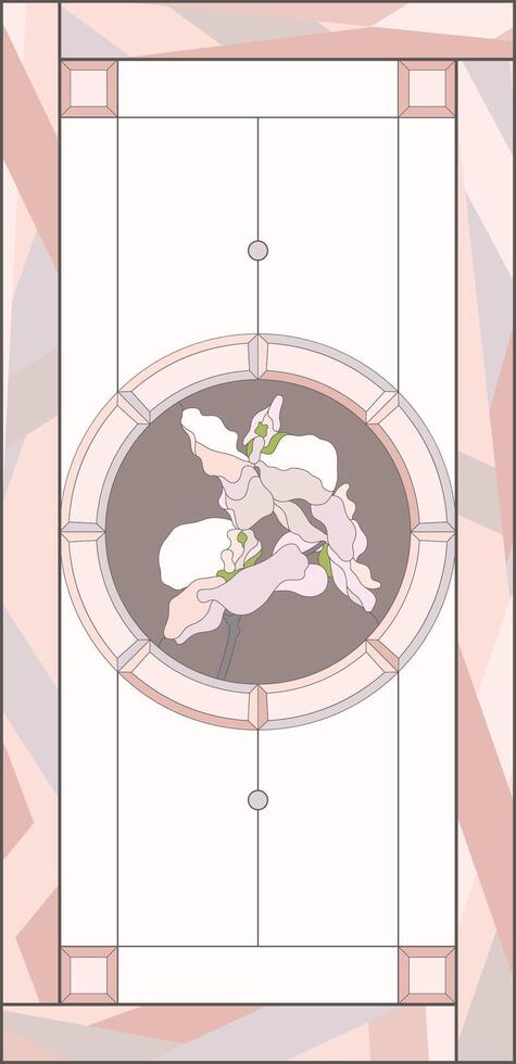 Stained-glass panel in a rectangular frame. Classic window, with orchid, abstract floral arrangement of buds and leaves in the tiffany technique. Window frame border, geometric pattern vector