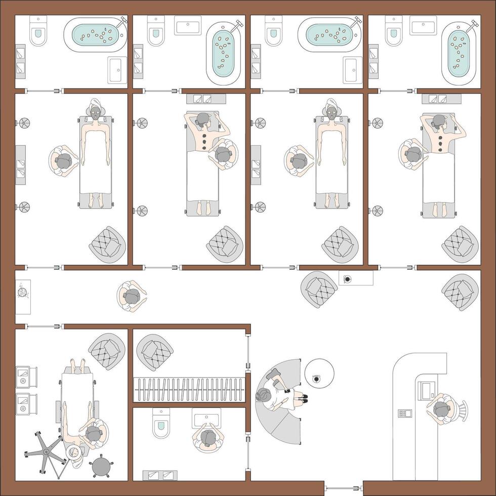 Nail salon interior design. Project of beauty salon. Woman at manicure salon in top view. Spa Center with barbershop vector