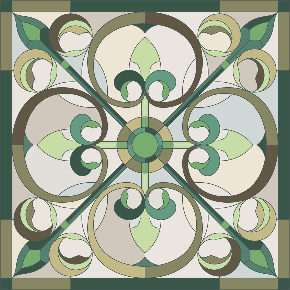 Abstract flower in square frame, geometric gothic ornate pattern tile. Window on the ceiling in square frame, green and beige color. Medieval stained glass window. Mosaic floor vector