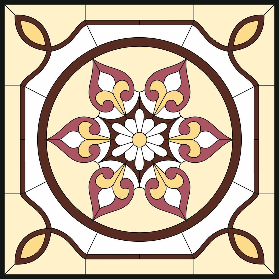 Abstract flower in square frame, geometric, window on the ceiling in square frame, symmetric composition in yellow stained glass window vector