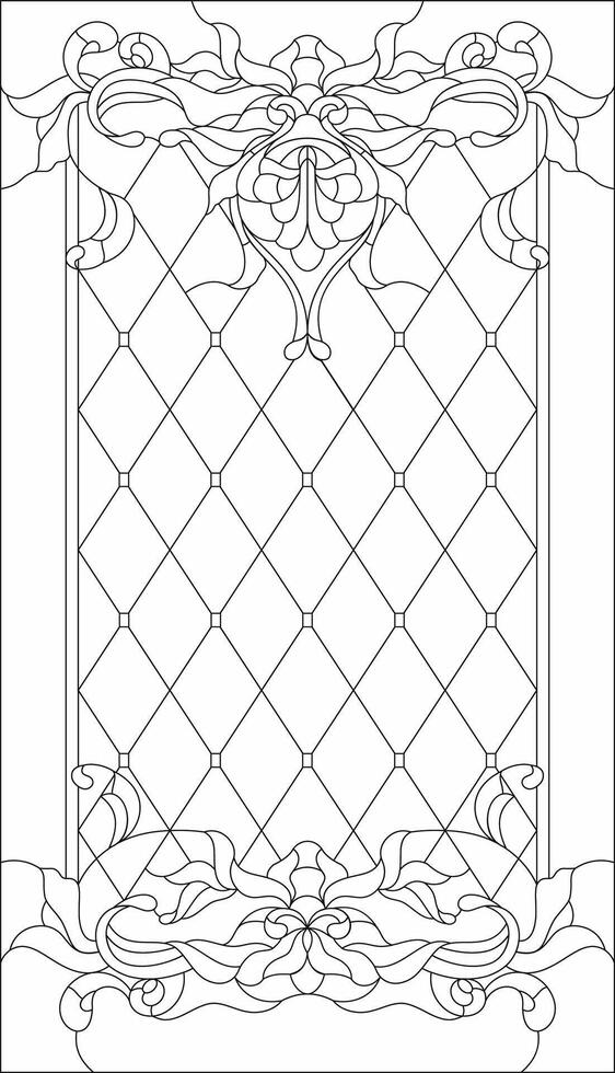 Stained-glass panel in a rectangular frame, abstract floral arrangement of buds and leaves in the art Nouveau style. Decorative design of the window or door. Outline vector