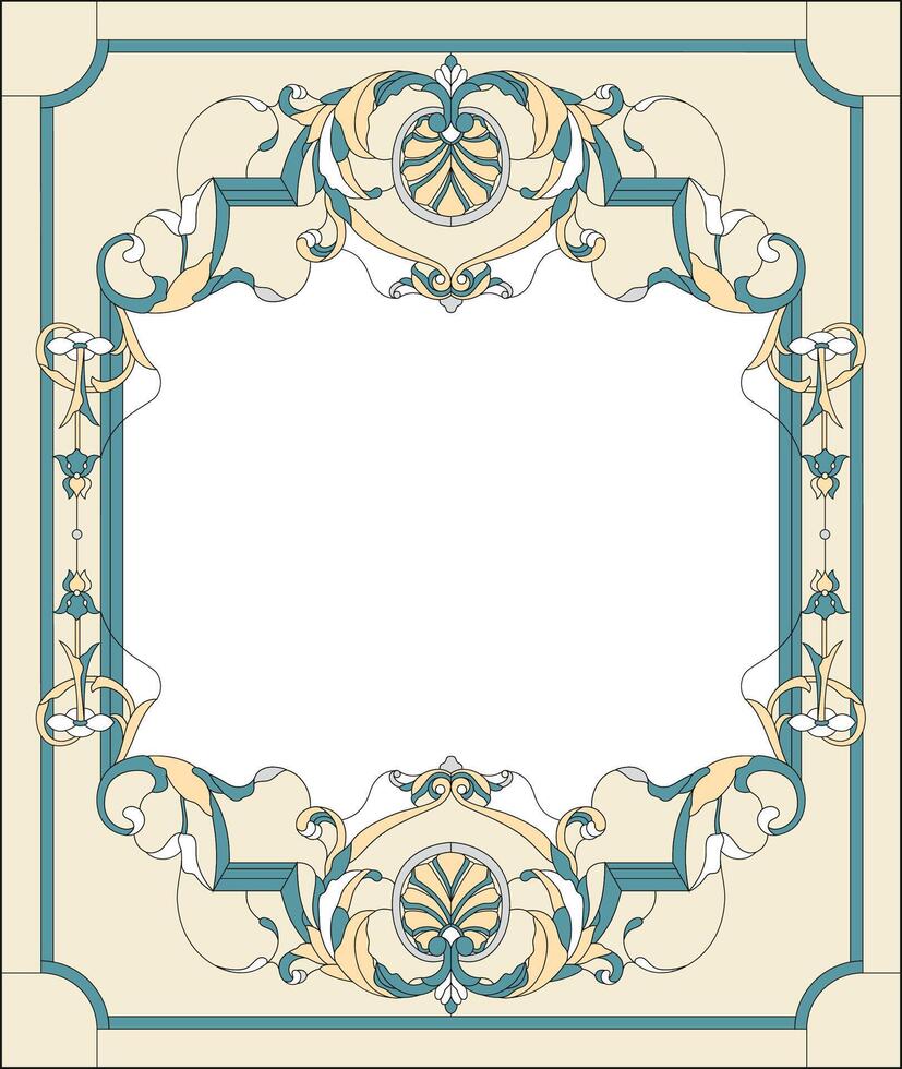 Stained-glass window decoration panel in a rectangular frame, abstract floral arrangement of buds and leaves in the baroque style vector