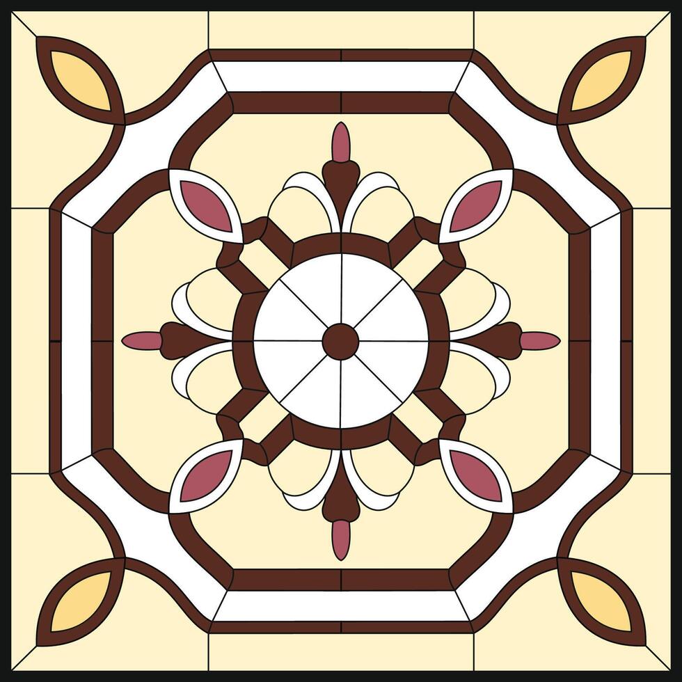 Abstract flower in square frame, geometric, window on the ceiling in square frame, symmetric composition in yellow stained glass window vector