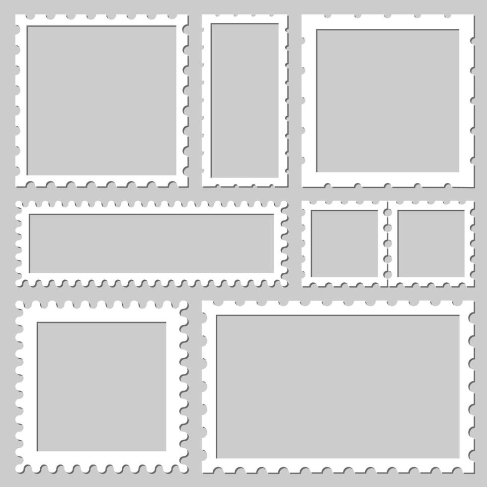 Blank rectangle and square postage stamps, with a shadow isolated on gray background. Empty template paper mark symbol of delivery correspondence. Frame border vector