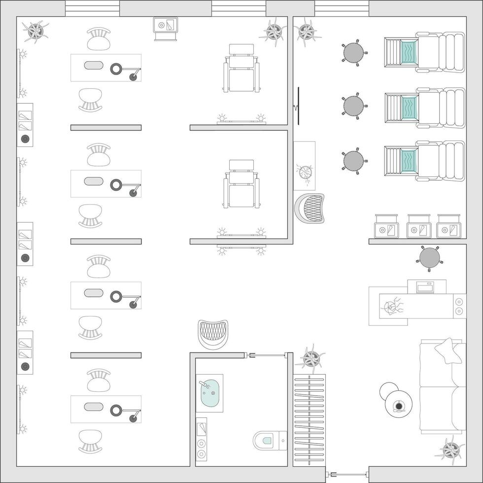 Nail salon interior design. Project of beauty salon. Woman at manicure salon in top view. Spa Center with barbershop. vector
