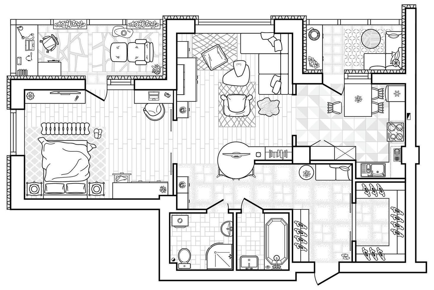 Floor plan with furniture in top view. Architectural set of furniture thin line icons. Detailed layout of the modern apartment. vector