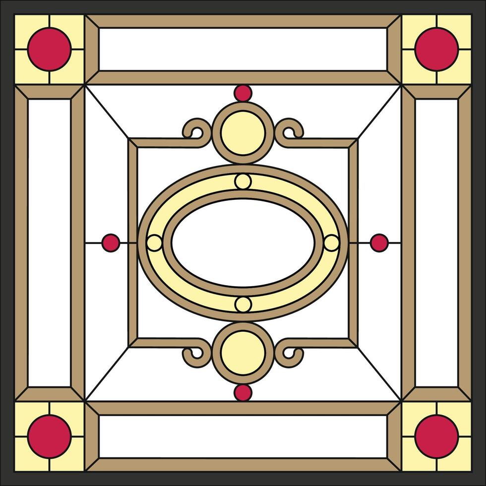 Ceiling panels stained glass window. Square frame, geometric ornament, symmetric composition, tiffany technique, classic style vector