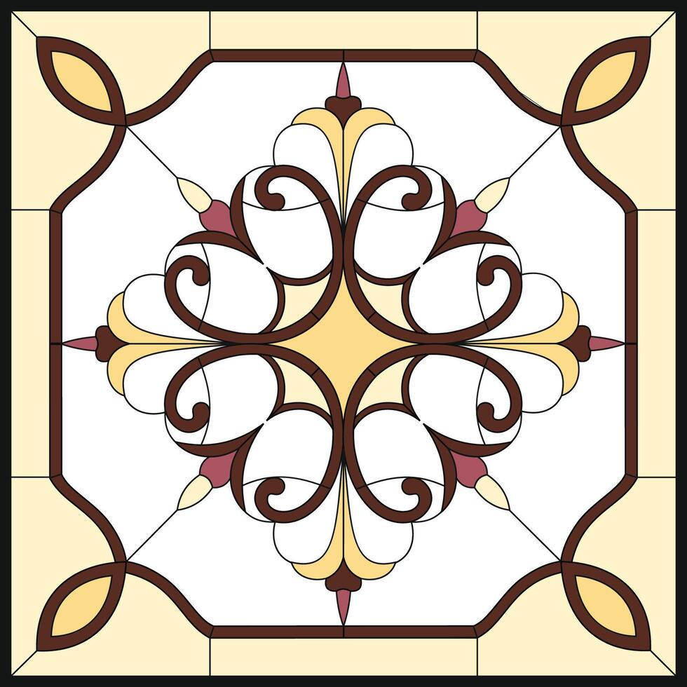 Abstract flower in square frame, geometric, window on the ceiling in square frame, symmetric composition in yellow stained glass window vector