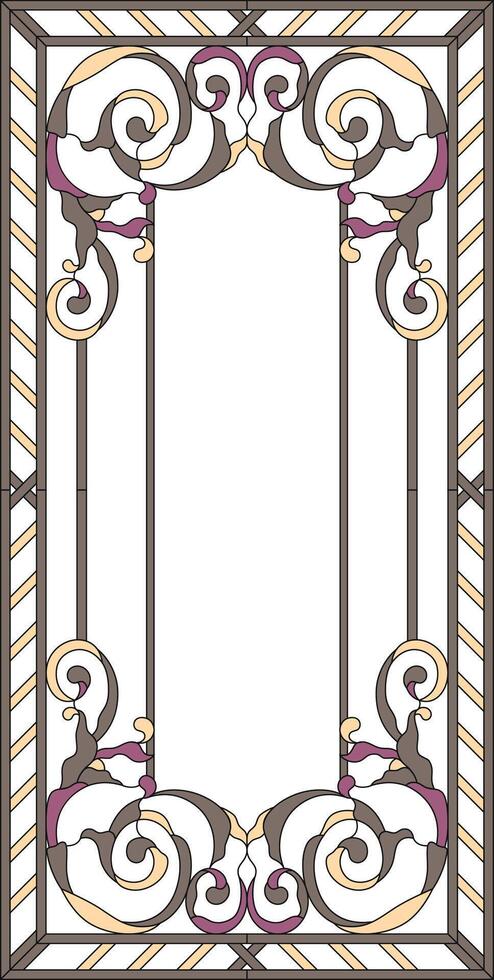 Stained-glass panel in a rectangular frame. Classic window, abstract floral arrangement of buds and leaves in the art Nouveau style vector