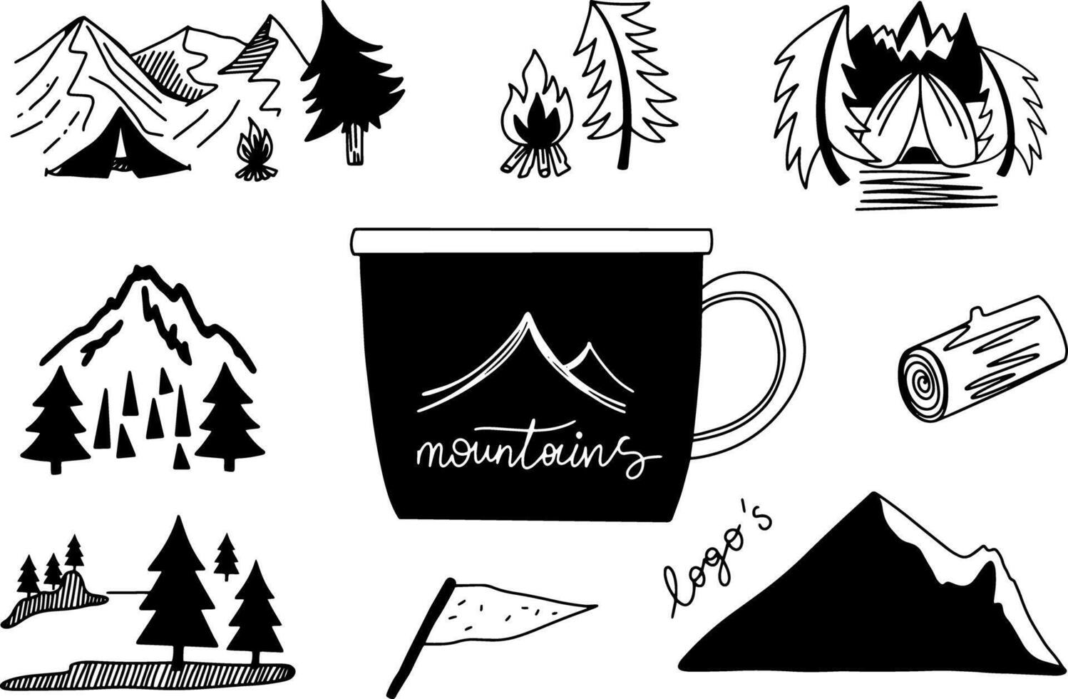 Mountain icon set logo design for mug . Rocks and peaks logo elements vector