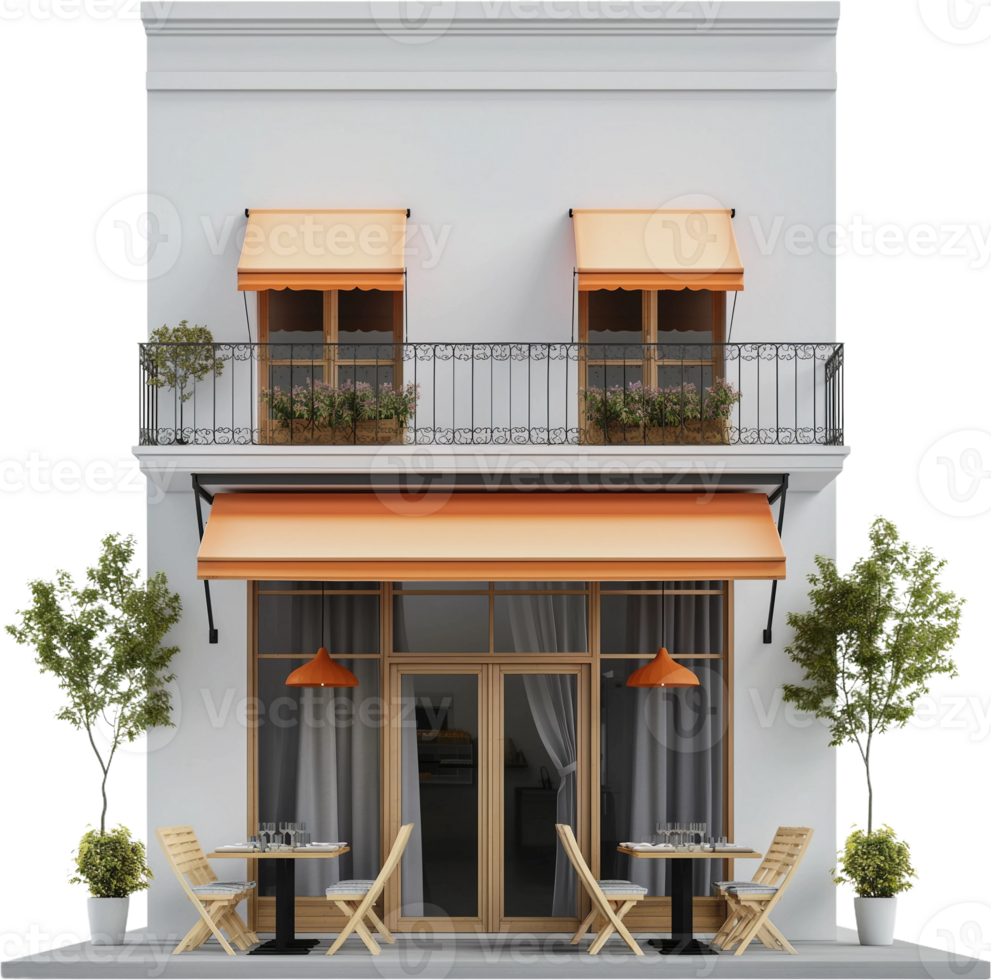 a white building with orange awnings and tables png