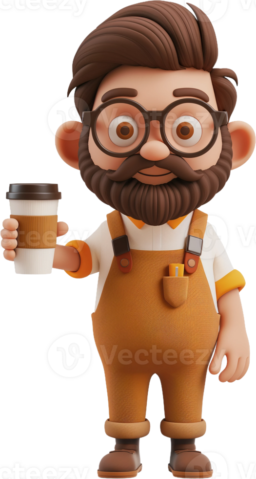 cartoon man with beard and glasses holding a coffee cup png