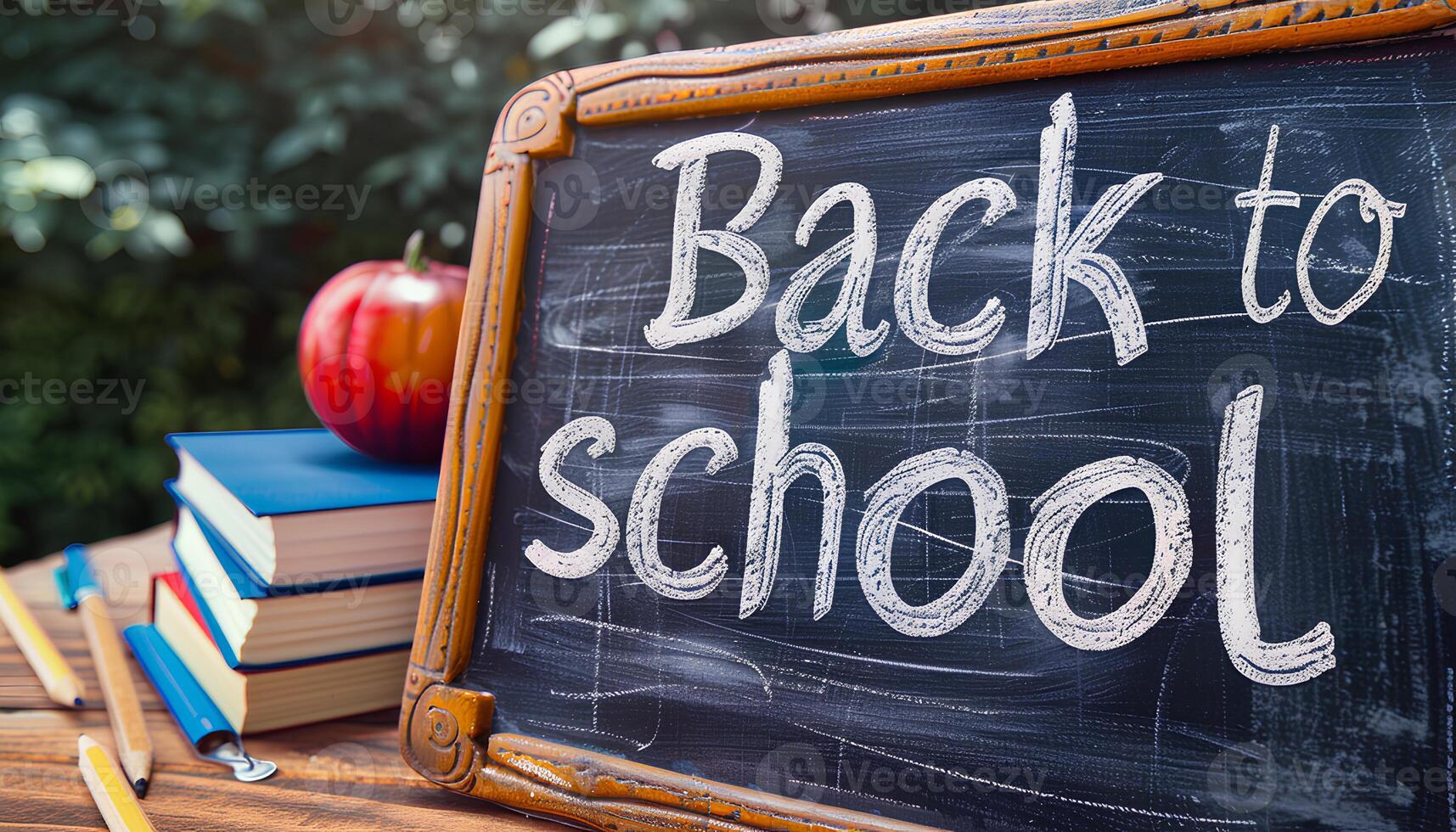 Back to school written on a blackboard with chalk for back to school concept. Stationery and classroom essentials for September education photo
