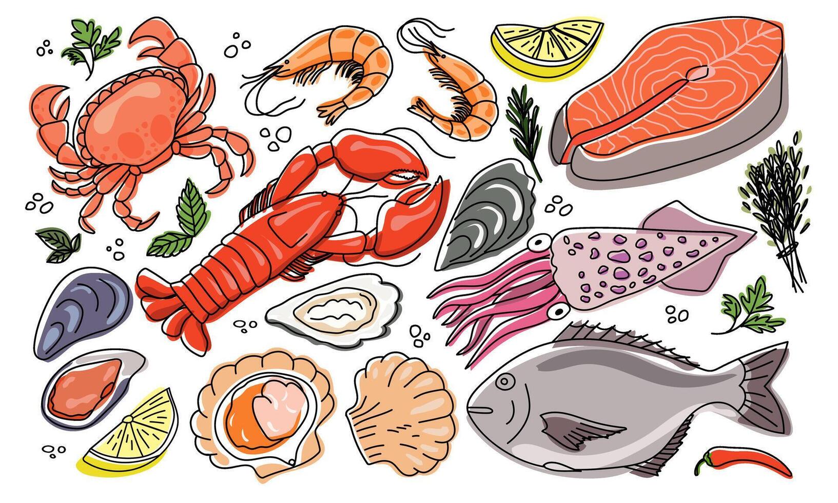 Seafood color sketch. Hand drawn food. Fresh raw market set vector