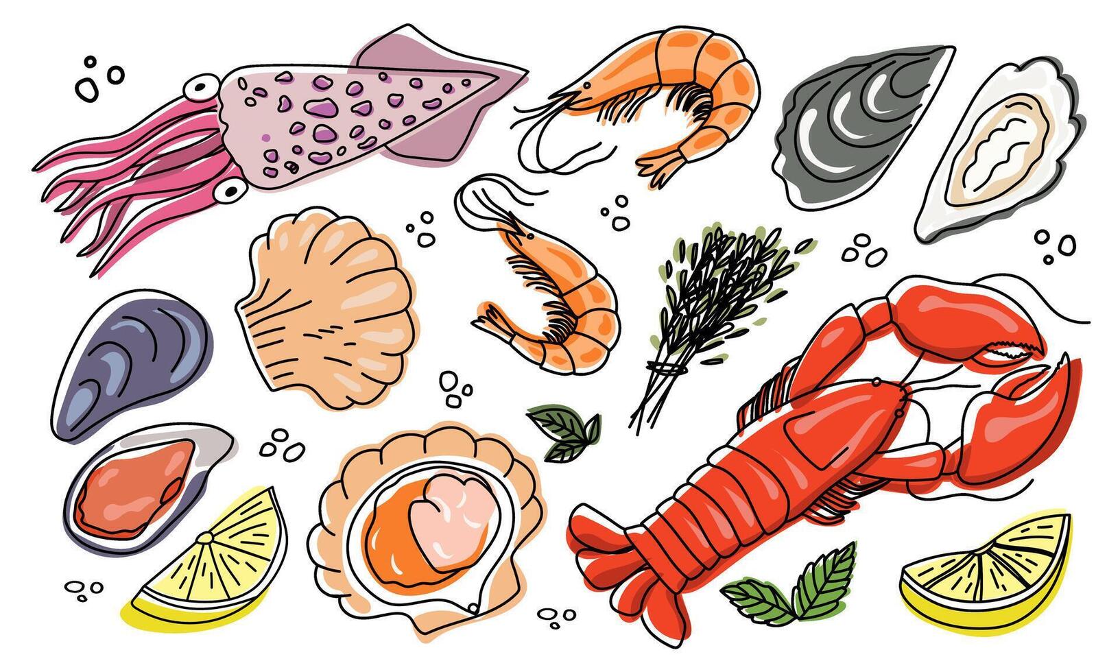 Seafood sketch. Hand drawn food. Delicious seafood. Sea cuisine. vector