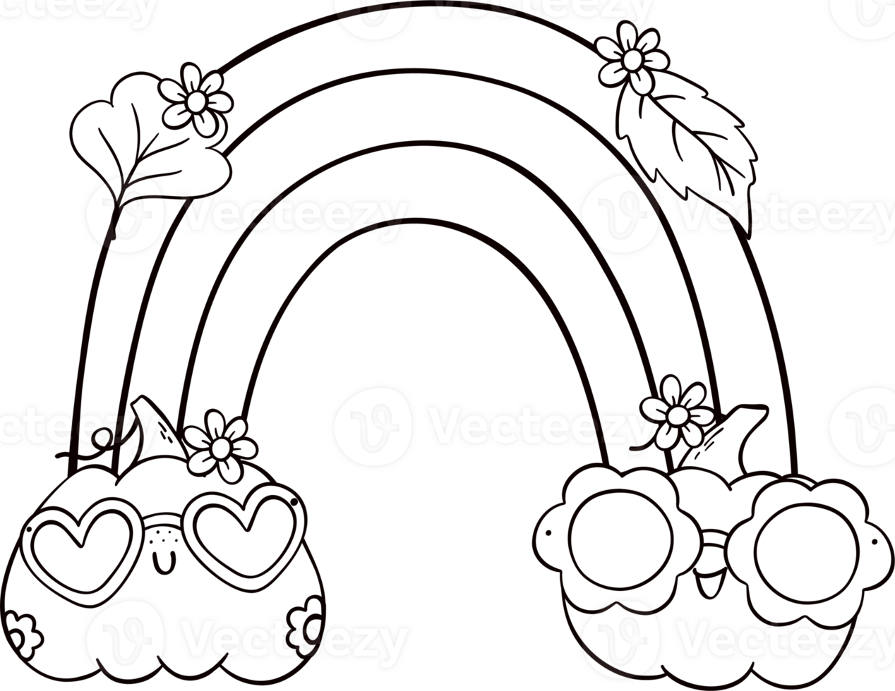 Groovy retro autumn pumpkin rainbow hippie cartoon coloring outline doodle playful and vibrant fall season illustration. png