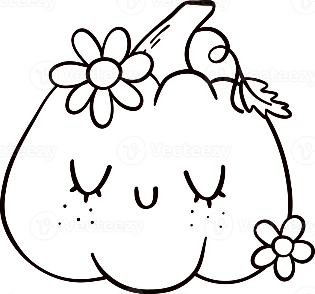 Groovy retro autumn pumpkin hippie cartoon coloring outline doodle playful and vibrant fall season illustration. png