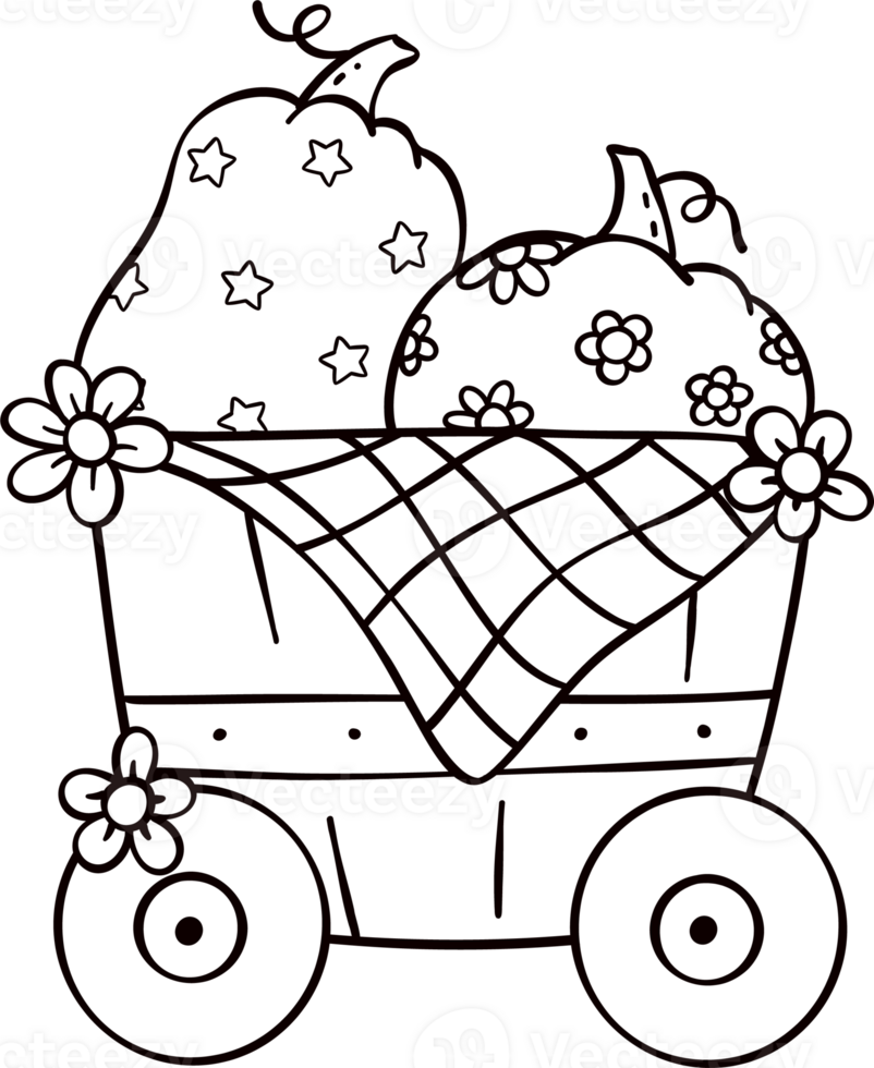 Groovy retro autumn pumpkin basket car hippie cartoon coloring outline doodle playful and vibrant fall season png