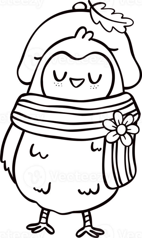 Groovy retro autumn sleeping owl hippie cartoon coloring outline doodle playful and vibrant fall season illustration. png