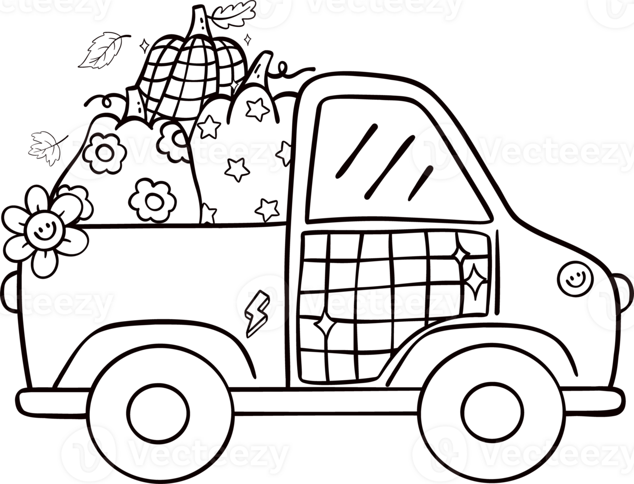 Groovy retro autumn harvest pumpkin truck hippie cartoon coloring outline doodle playful and vibrant fall season illustration. png