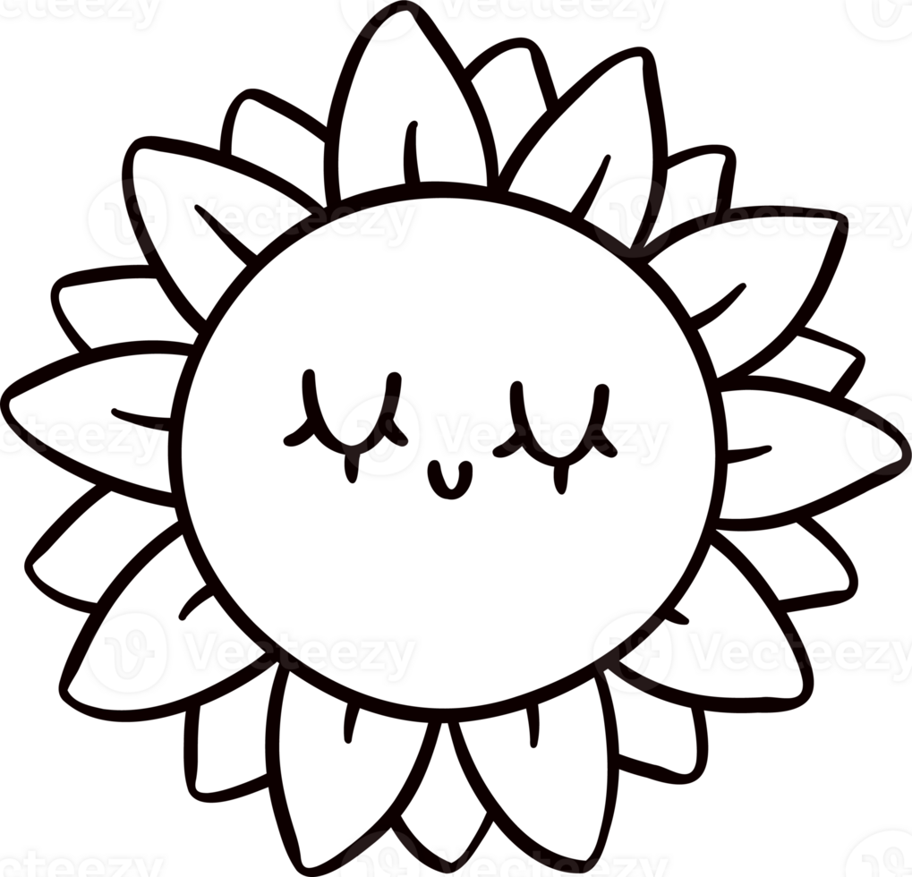 Groovy retro autumn sunflower hippie cartoon coloring outline doodle playful and vibrant fall season illustration. png