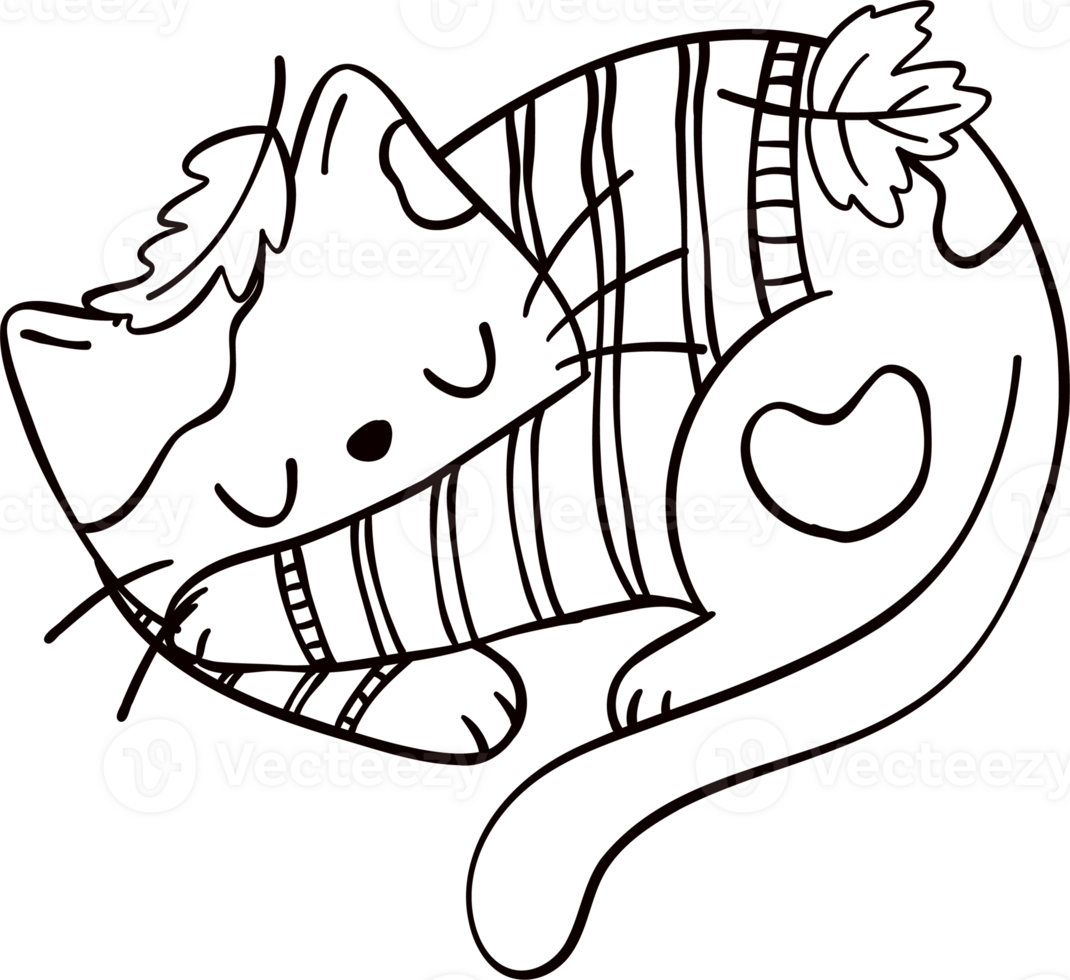 Groovy retro autumn sleeping cat hippie cartoon coloring outline doodle playful and vibrant fall season illustration. png