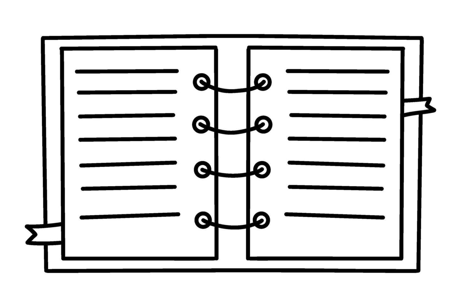 Opened lined notebook with bookmarks. Outline doodle. Line hand drawing. vector